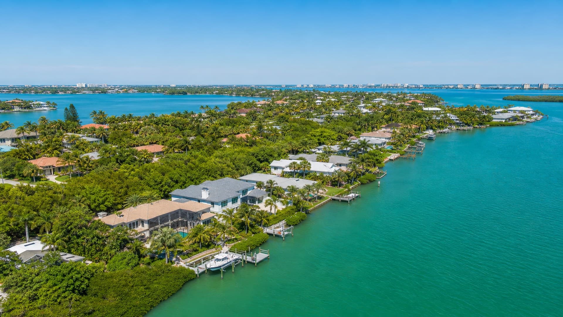 Aerial view of Southwest Florida waterfront neighborhood