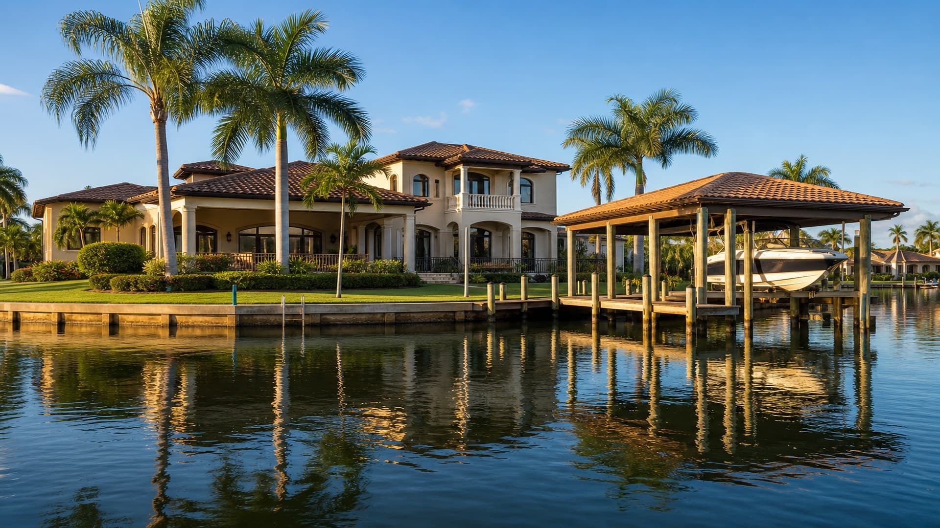 Bayfront home with dock and tropical landscaping